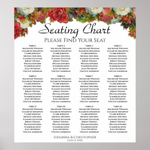 12 Table Vintage Roses Wedding Seating Chart