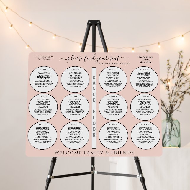 12 Table Wedding Seating Chart Blush Black Foam Board (In Situ (Stand))