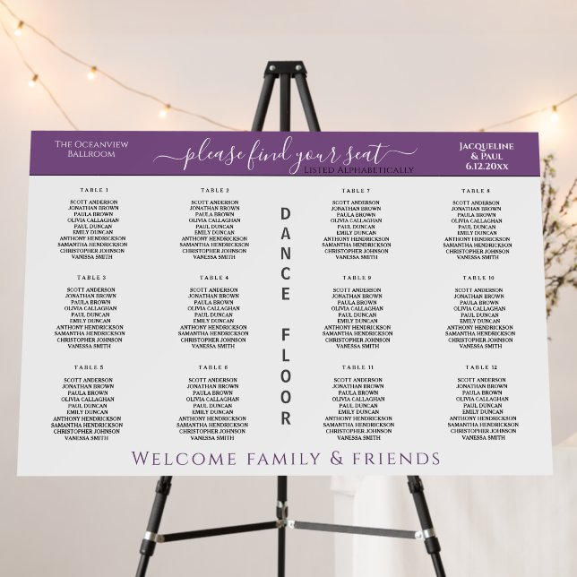 12 Table Wedding Seating Chart White Dusty Violet Foam Board (In Situ (Stand))