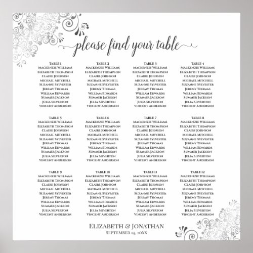 12 Table White Wedding Seating Chart Silver Frills