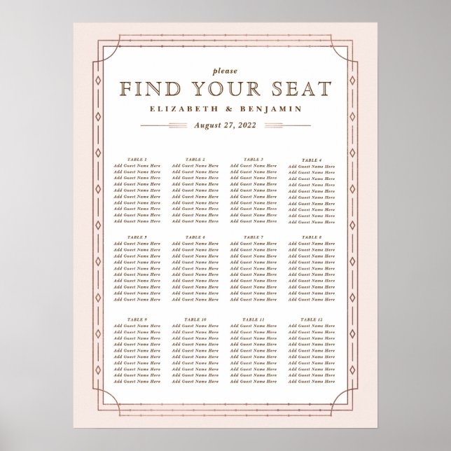 12 Tables | Art Deco Blush Rose Gold Foil Wedding Poster (Front)