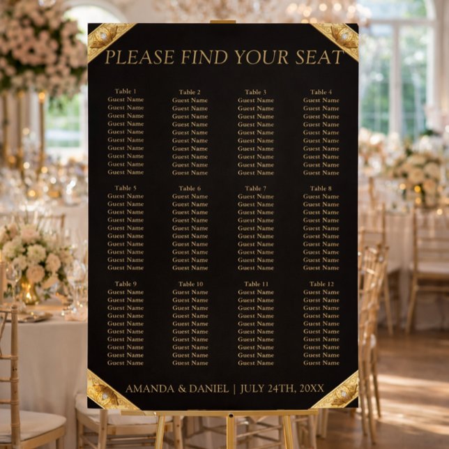 12 Tables Black & Gold Wedding Seating Chart Foam Board (Creator Uploaded)
