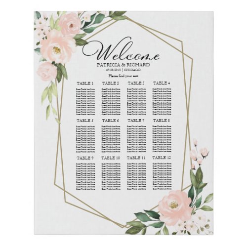 12 Tables Blush Geometric Wedding Seating Chart Faux Canvas Print