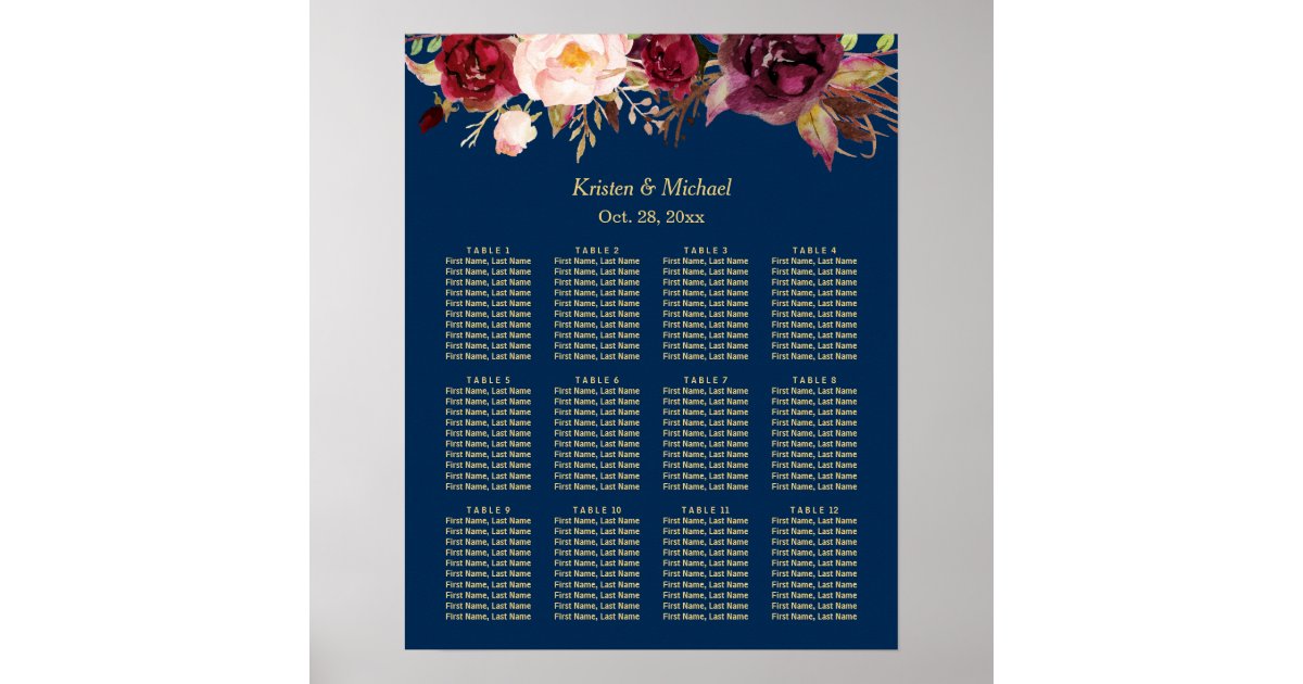 12 tables burgundy floral wedding seating chart zazzle com wedding seating chart zazzle