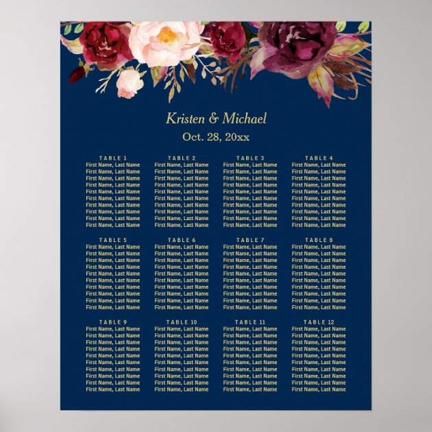 12 Tables Burgundy Floral Wedding Seating Chart Poster
