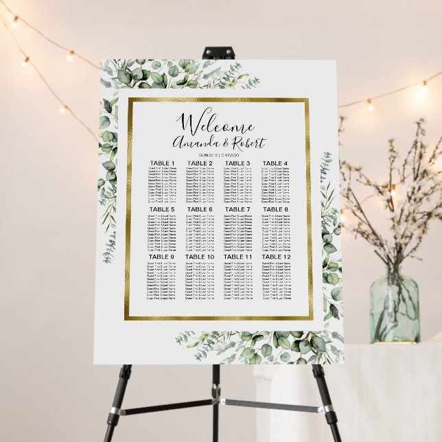12 Tables Greenery Wedding Seating Chart Board (In Situ (Stand))
