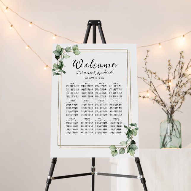 12 Tables Greenery Wedding Seating Chart Board (In Situ (Stand))