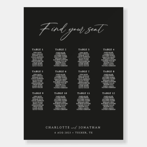 12 Tables Modern Black Wedding Seating Chart Foam Board