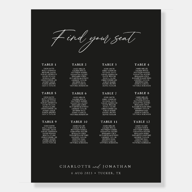 12 Tables Modern Black Wedding Seating Chart Foam Board (Front)
