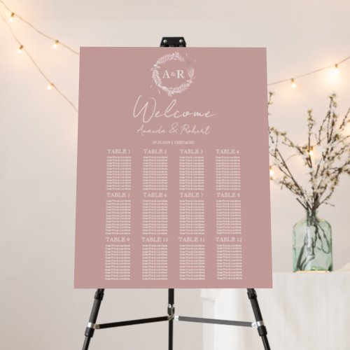 12 Tables Monogram Wedding Seating Chart Board