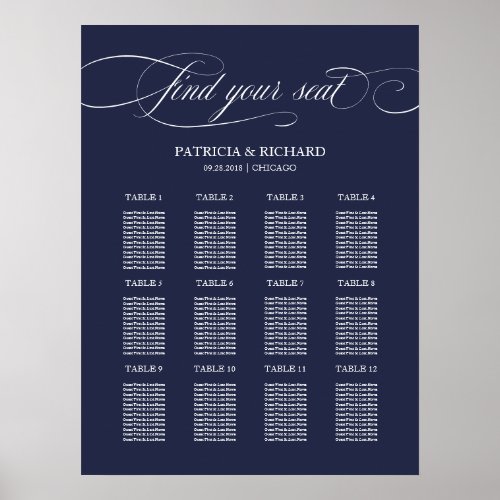 12 Tables Navy Blue Wedding Seating Plan Board Poster