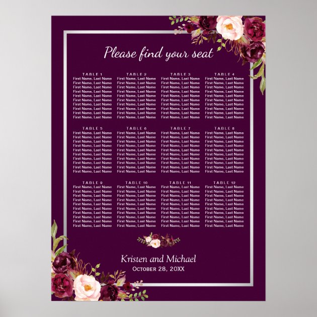 12 Tables Plum Purple Floral Wedding Seating Chart