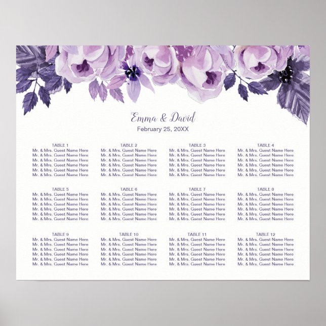 12 Tables Purple Floral Wedding Seating Chart (Front)