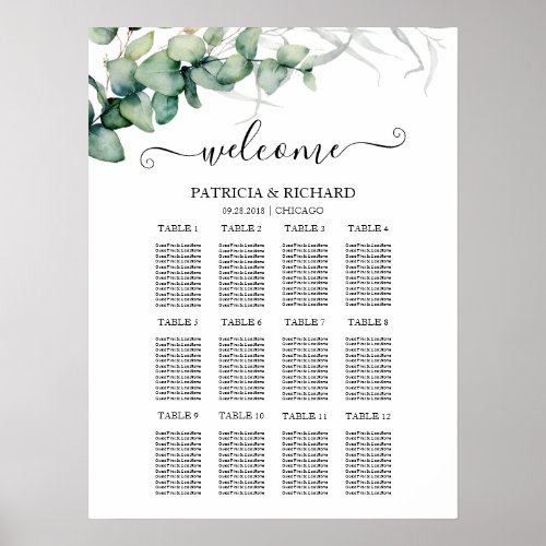 12 Tables Rustic Greenery Wedding Seating Chart