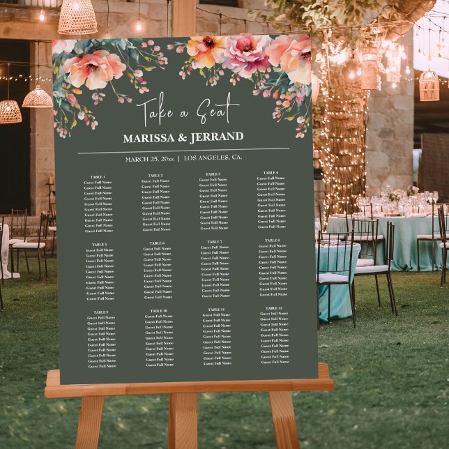 12 Tables Sage Green Floral Wedding Seating Chart Foam Board (Sage Green Floral 12 Table Wedding Seating Chart Foam Board)