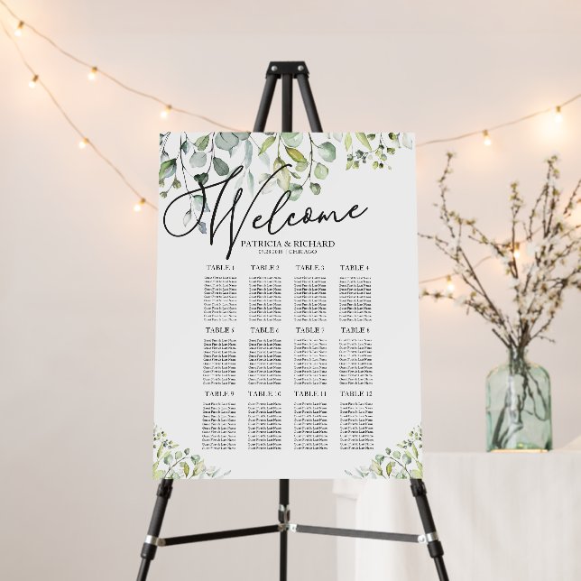 12 Tables Seating Chart Greenery Watercolor Foam Board (In Situ (Stand))