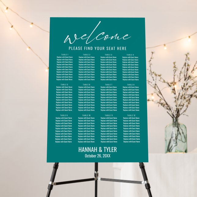 12 Tables Wedding Reception Seating Chart Teal Foam Board (In Situ (Stand))