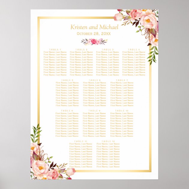 12 Tables Wedding Seating Chart Classy Chic Floral