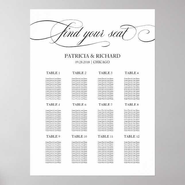 12 Tables Wedding Seating Plan Black Script Poster (Front)