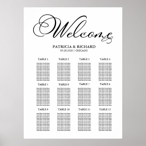 12 Tables Wedding Seating Plan Board Elegant Poster