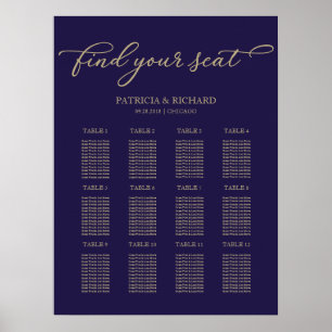 12 Tables Wedding Seating Plan Chic Gold Navy Blue Poster
