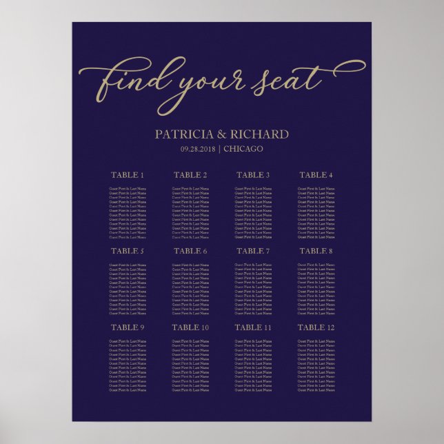 12 Tables Wedding Seating Plan Chic Gold Navy Blue Poster (Front)