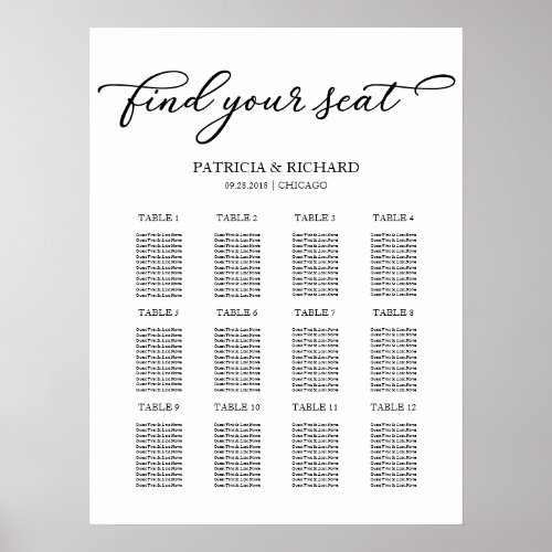 12 Tables Wedding Seating Plan Chic Script Poster