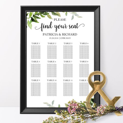 12 Tables Wedding Seating Plan Elegant Greenery Poster