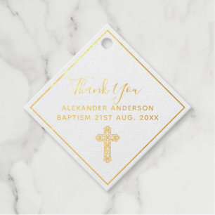 12 Thank You BAPTISM REAL FOIL Christening Cross Favor Tags