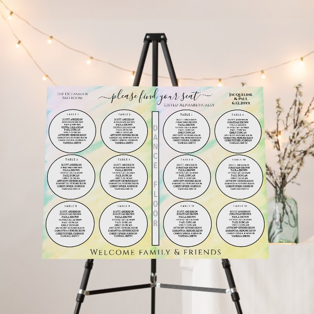 12 Wedding Table Chart Tropical Pink Blue Yellow Foam Board (In Situ (Stand))