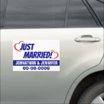 12" X 18" Just Married Blue Personalized Car Magnet<br><div class="desc">Preparing for your wedding? Celebrate your big day with this 12" x 18" blue and red "Just Married" vehicle magnet! This magnetic sign is fully customizable from the background color to your names and date of your special day. This magnet is weather resistant and wind resistant up to 75MPH. Make...</div>