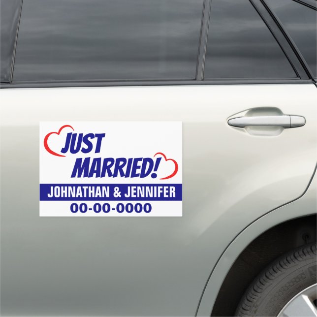 12" X 18" Just Married Blue Personalized Car Magnet (In Situ)