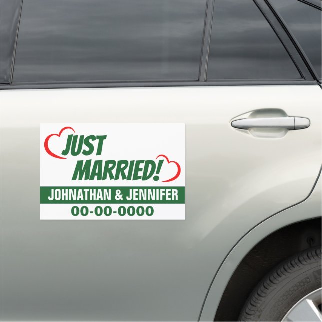 12" X 18" Just Married Green Personalized Car Magnet (In Situ)