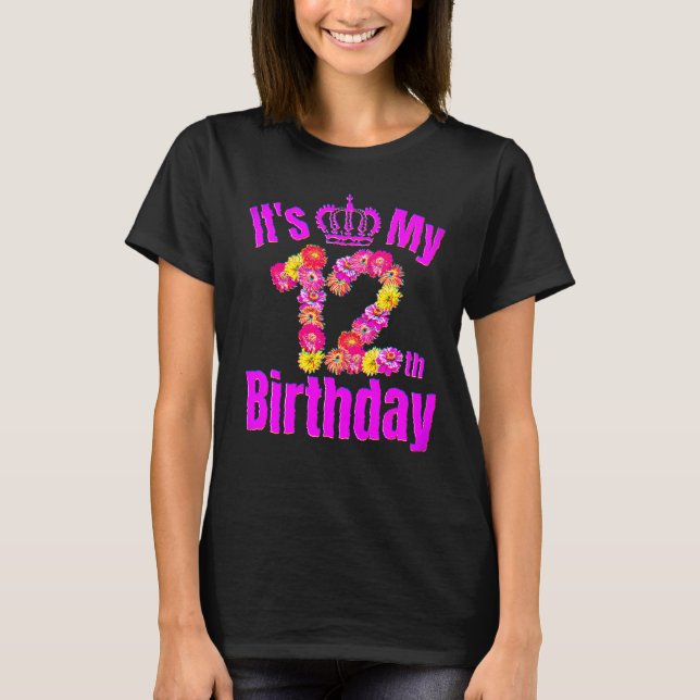 12 Year Old Kids Its My 12th Birthday Crown Flower T-Shirt (Front)