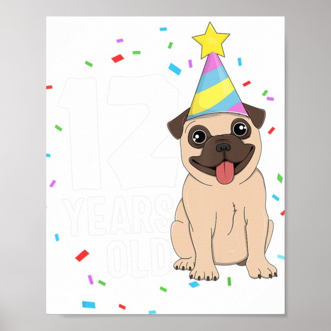 12 Years Old Birthday Pug Dog Lover Party 12th Bir Poster (Front)