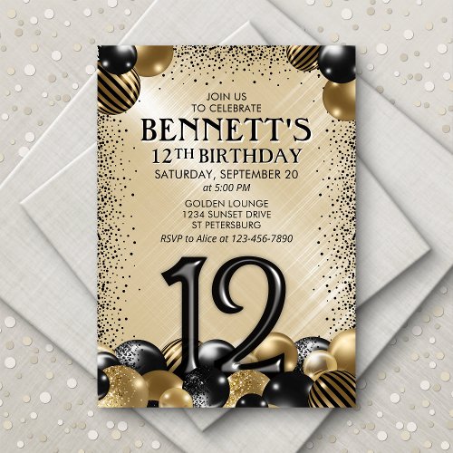 12th Balloons Black Gold Birthday Invitation