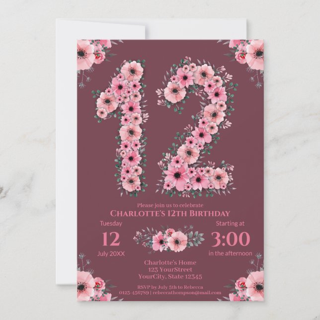 12th Big Birthday Girl Pink Flowers Green Foliage Invitation (Front)