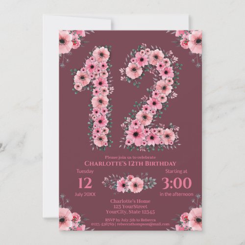 12th Big Birthday Girl Pink Flowers Green Foliage Invitation