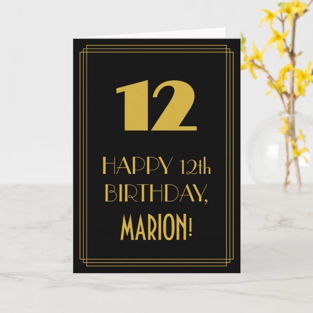 12th Birthday – Art Deco Inspired Look "12" & Name Card (Yellow Flower)
