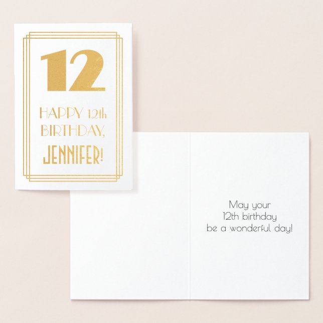 12th Birthday: Art Deco Inspired Look "12" & Name Foil Card (Display)
