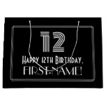 [ Thumbnail: 12th Birthday — Art Deco Inspired Look "12" & Name Gift Bag ]