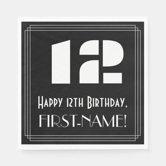12th Birthday: Art Deco Inspired Look "12" + Name Napkins (Front)