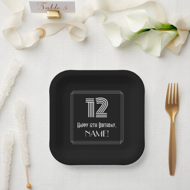 12th Birthday — Art Deco Inspired Look “12” + Name Paper Plates (Wedding)