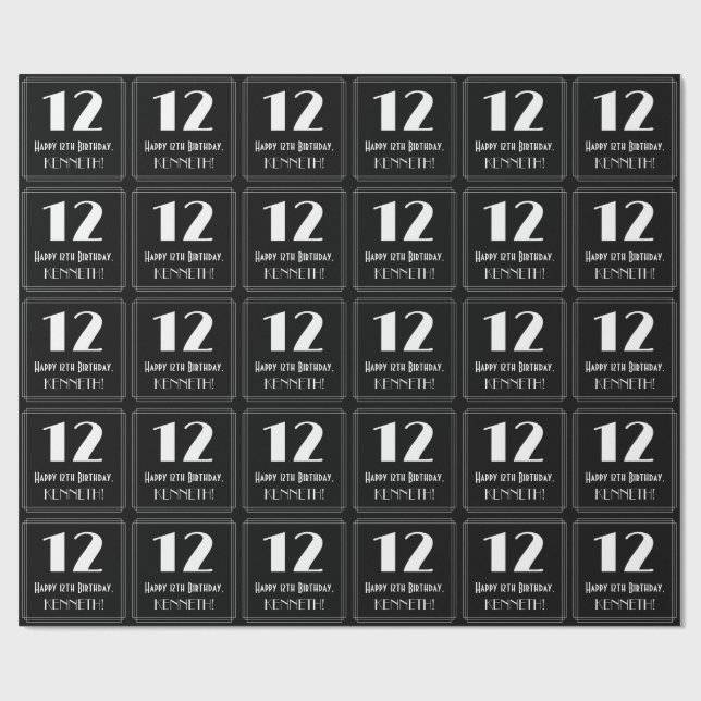 12th Birthday - Art Deco Inspired Look "12", Name Wrapping Paper (Flat)