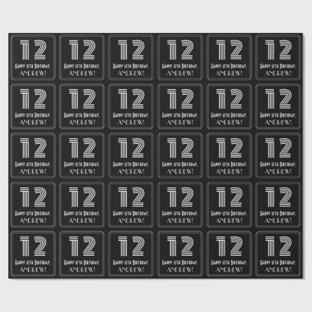 12th Birthday: Art Deco Inspired Look "12" w/ Name Wrapping Paper (Flat)