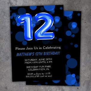 12th Birthday Balloons Kids Blue Boy Party Invitation