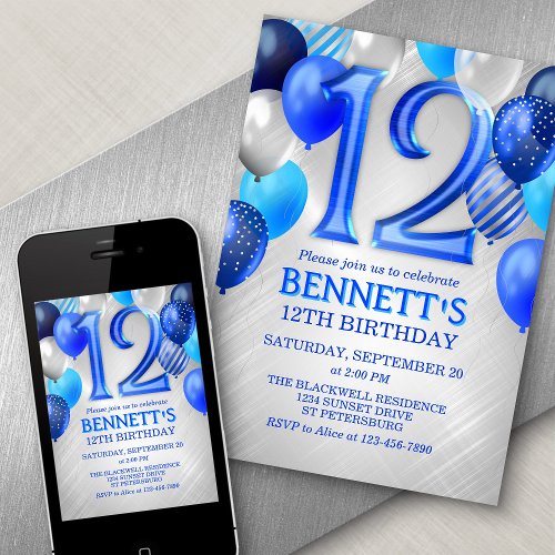 12th Birthday Blue Balloons Invitation