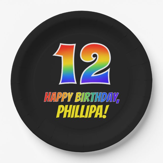 12th Birthday: Bold, Fun, Simple, Rainbow 12 Paper Plates (Front)