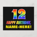 [ Thumbnail: 12th Birthday: Bold, Fun, Simple, Rainbow 12 Postcard ]