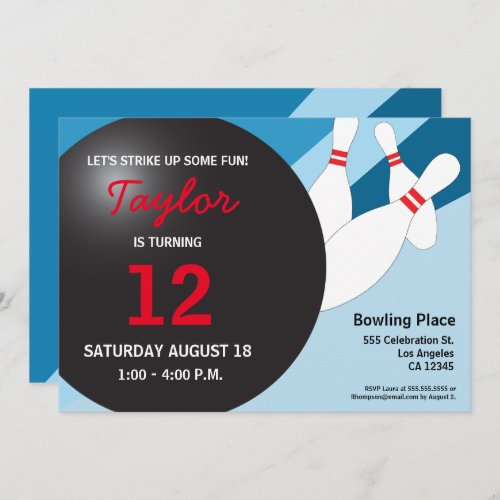 12th birthday bowling party blue red white invitation